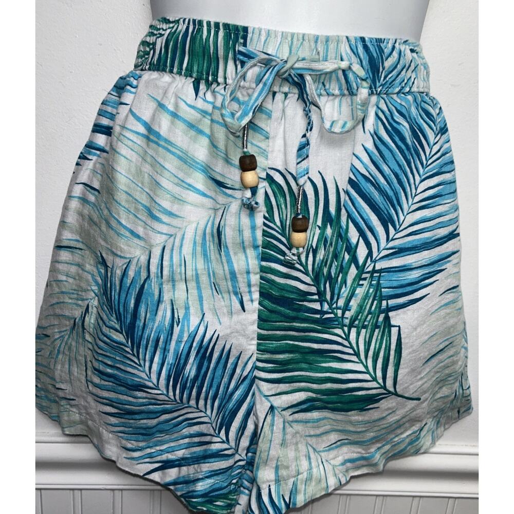 Tahari Women's L 100% Linen Shorts Blue Drawstring Elastic Palm Tropical Pocket